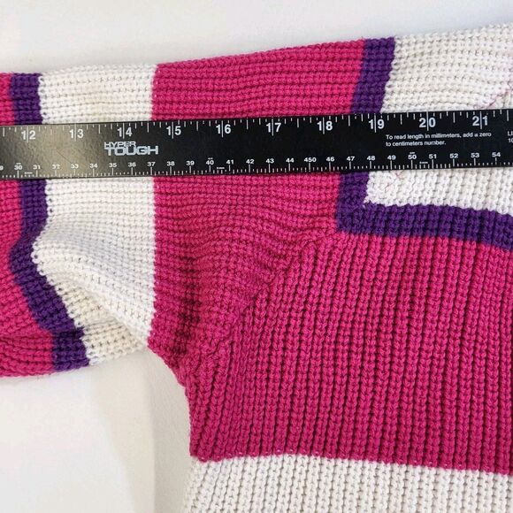 Vtg V-Neck Pink White Striped Sweater Women M Retro Sky Blue Waters Acrylic 80s - Picture 6 of 6